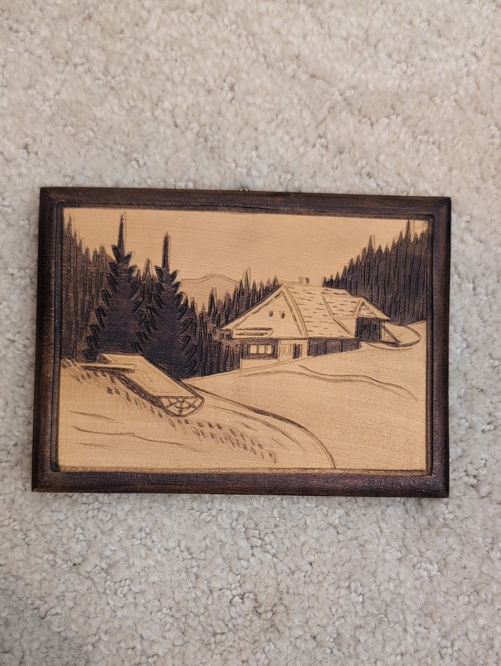 Handmade Wood Burned Alpine Cabin Wall Art - Natural Wood & Dark Burnt Detail